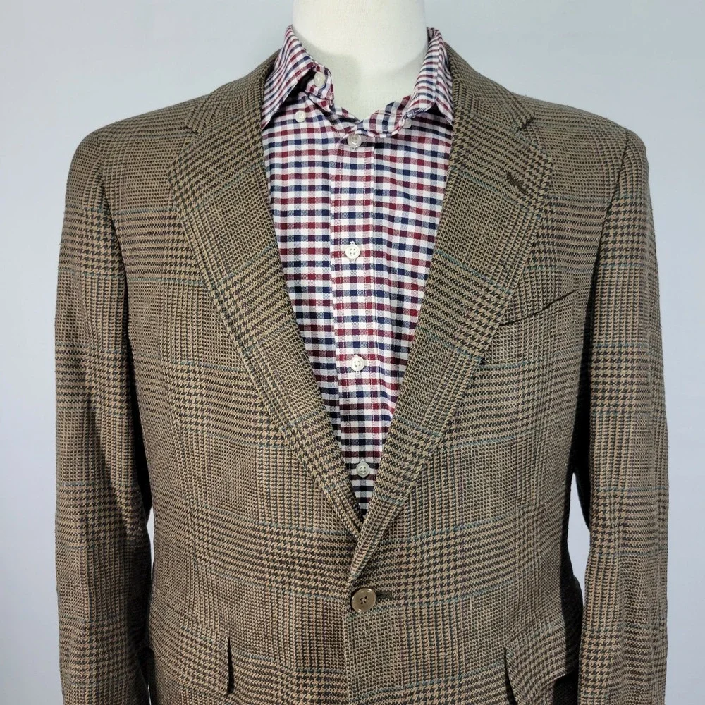 VTG JOS A BANK Men's Sport Coat Blazer Two Button‎ Brown Plaid 100% SILK 44R